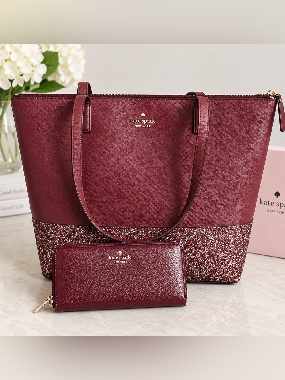 Kate spade Burgundy Tote with Glitter Panel and wallet bundle